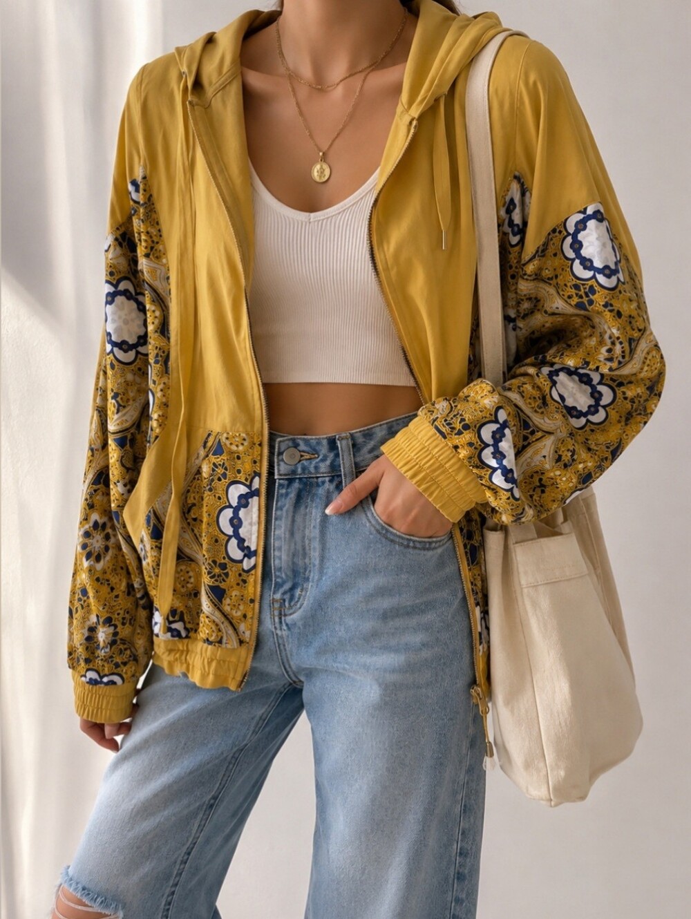 Free People Yellow Patterned Bomber Jacket